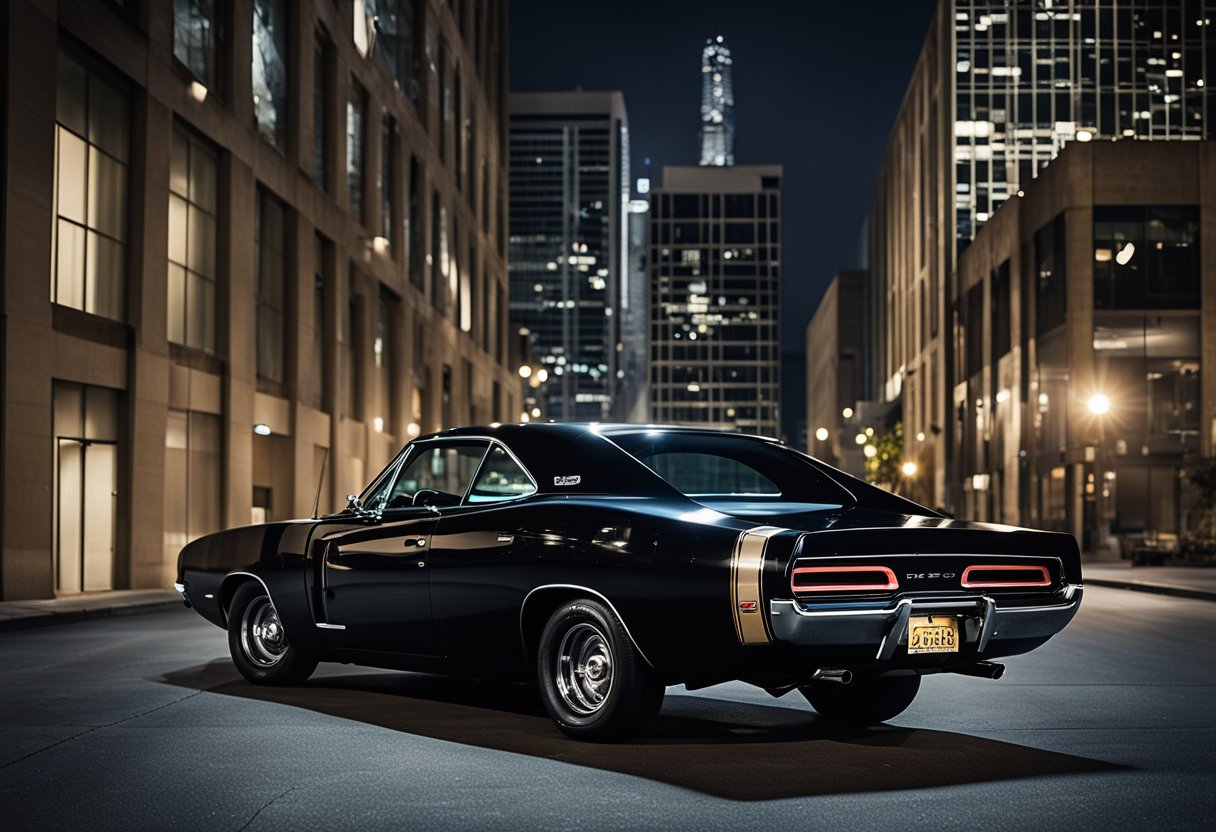A sleek, black Dodge Charger parked in a dimly lit alley, surrounded by towering buildings and flickering streetlights