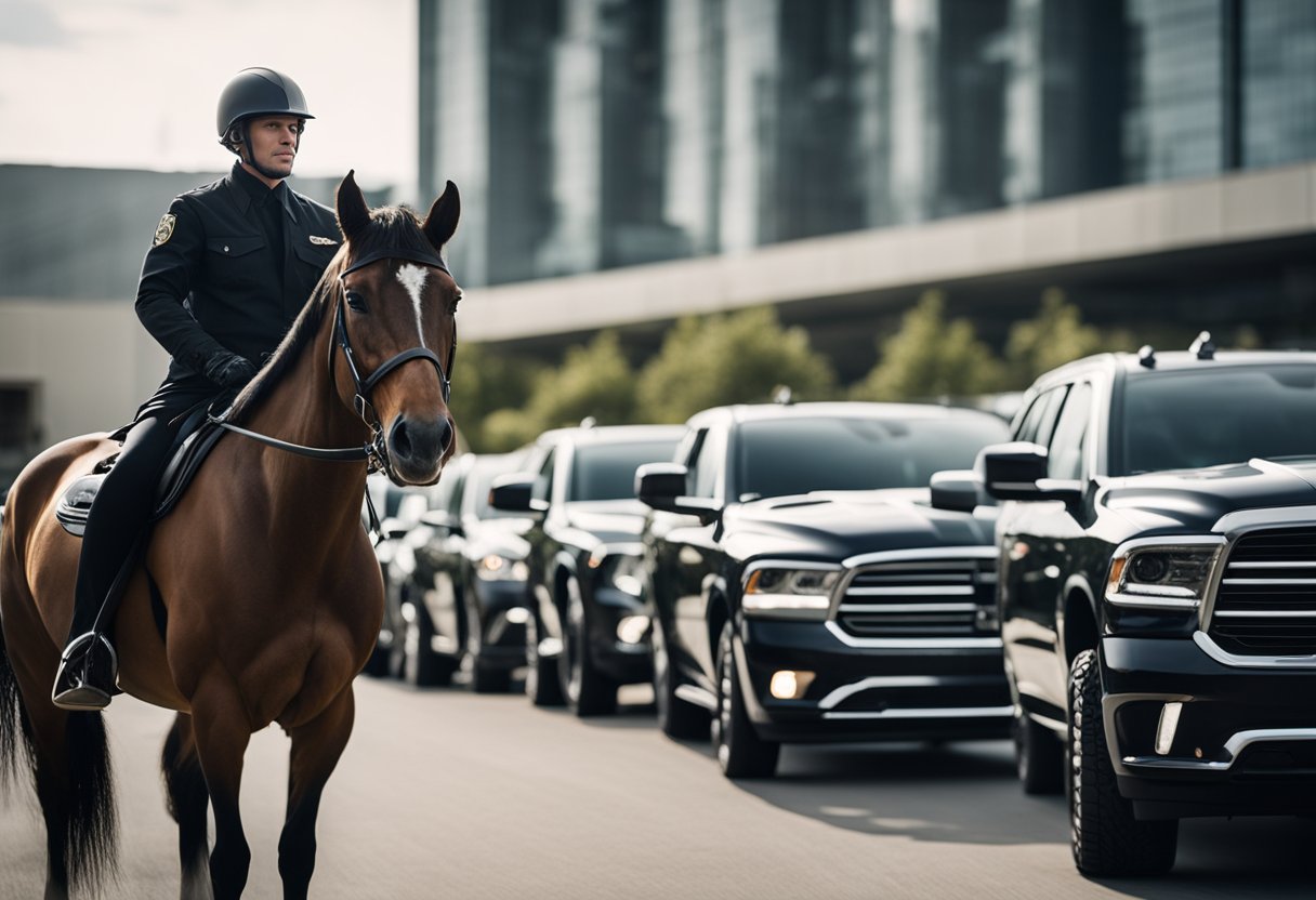 A powerful horse with a commanding presence stands in front of a fleet of Dodge vehicles, exuding strength and authority