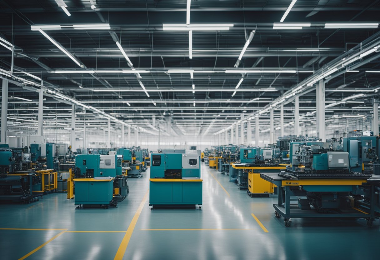 A bustling factory floor with machinery and assembly lines, producing Dodge vehicles for global distribution