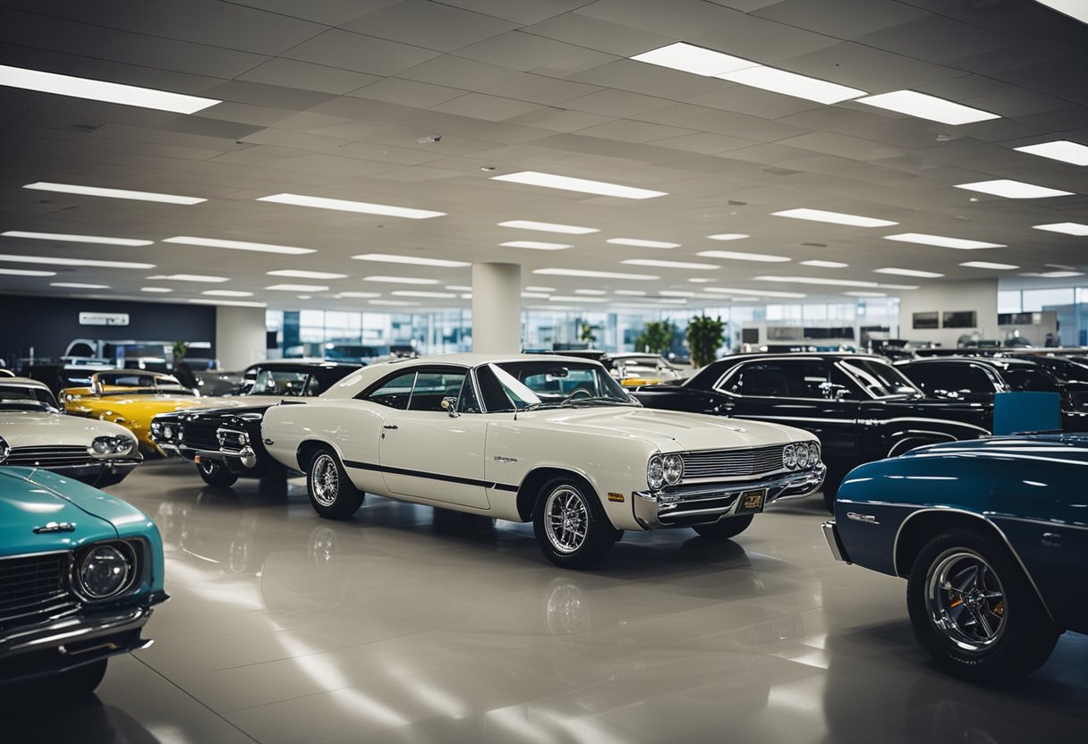 A bustling car dealership with various models on display, including the iconic Dodge vehicles. A mix of customers and salespeople fill the showroom