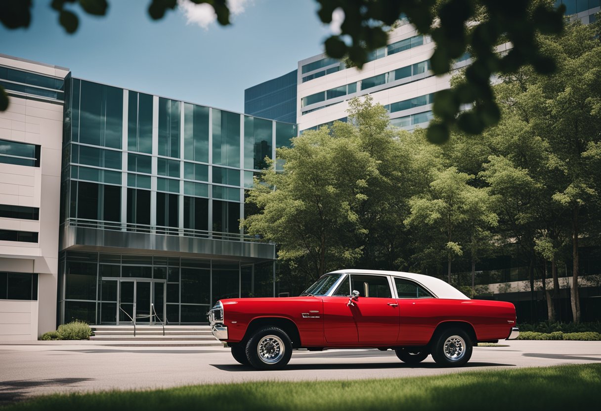 A Dodge vehicle parked in front of a corporate office building, surrounded by greenery and a clean, organized environment