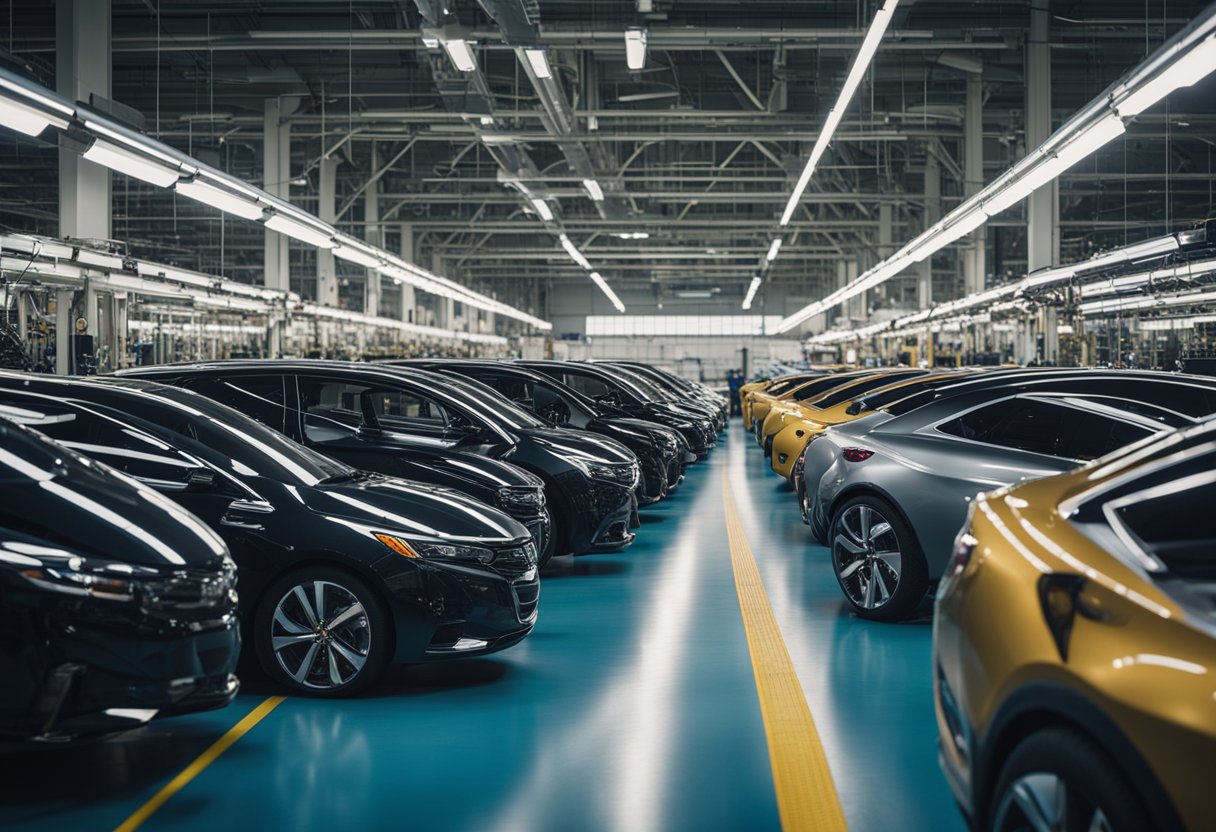 A bustling factory floor with rows of shiny, robotic arms assembling sleek cars, all under the towering logo of General Motors