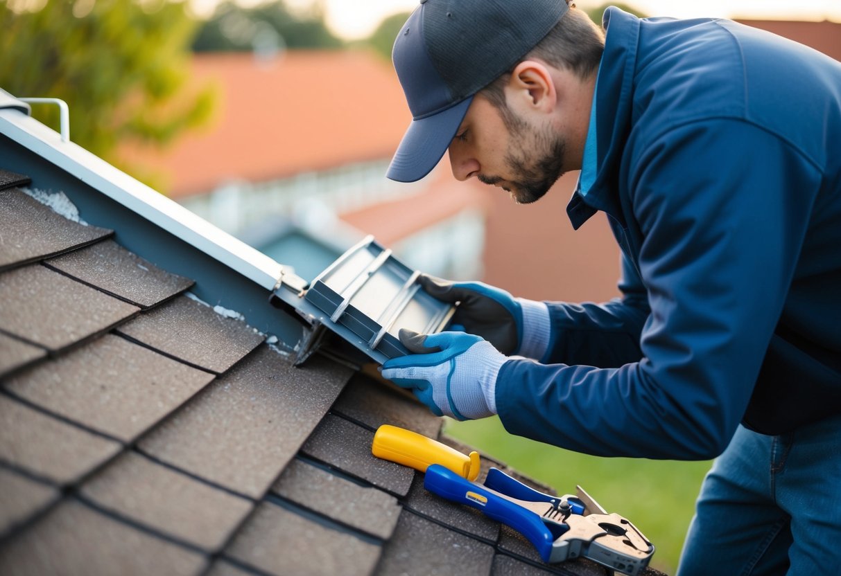 A roofer examining a damaged roof with tools and materials nearby