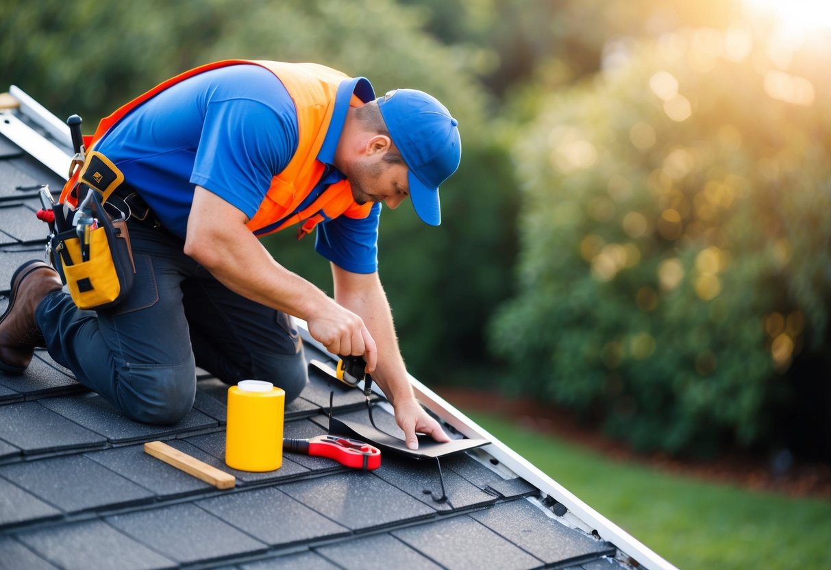 A roofer inspecting a damaged roof, with tools and materials nearby