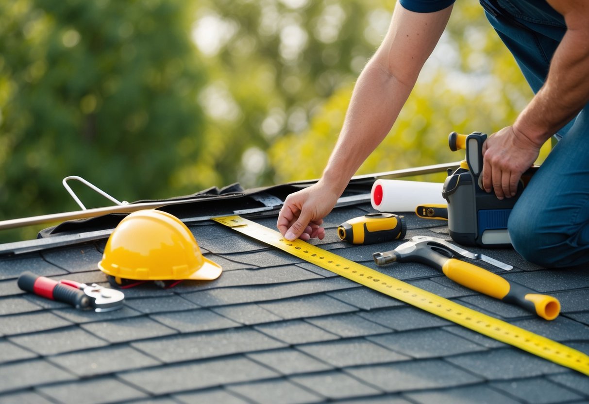 A contractor measuring and inspecting a damaged roof with tools and materials nearby