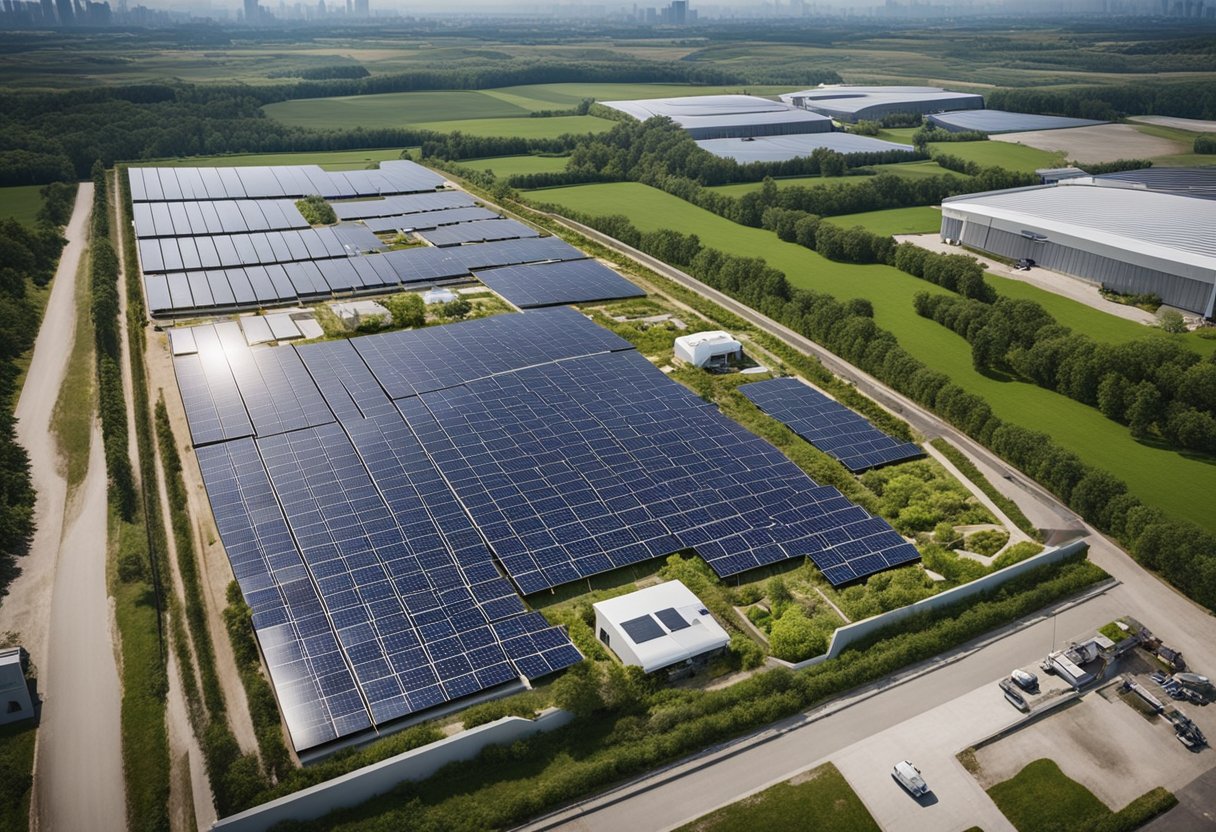 A bustling factory with solar panels and gardens, surrounded by a diverse community participating in clean-up and recycling activities