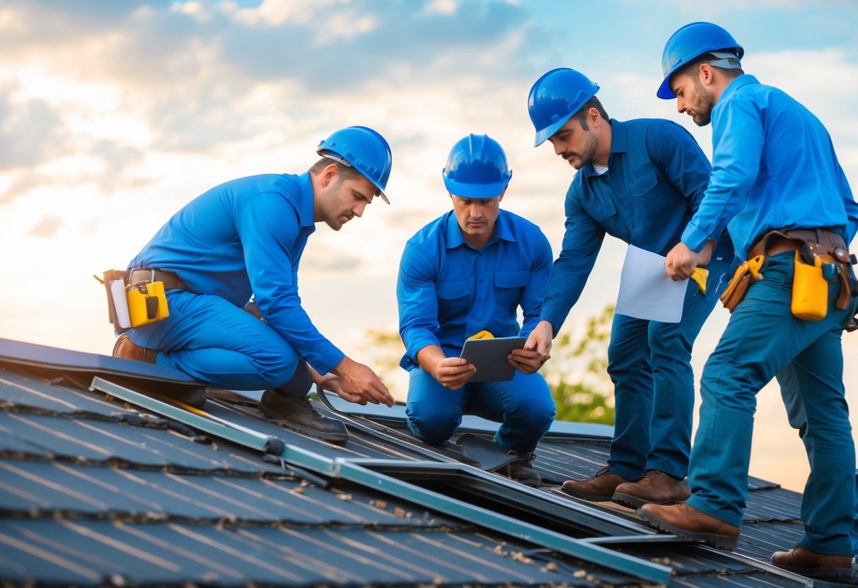 A group of roofing professionals examining a damaged roof, discussing repair costs