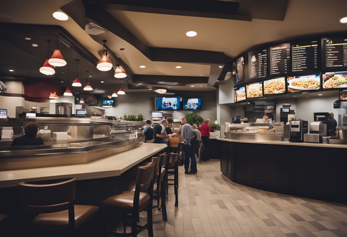 A busy Chick-fil-A restaurant with a drive-thru, outdoor seating, and a play area. A line of customers waits to order at the counter. Staff members serve food and drinks