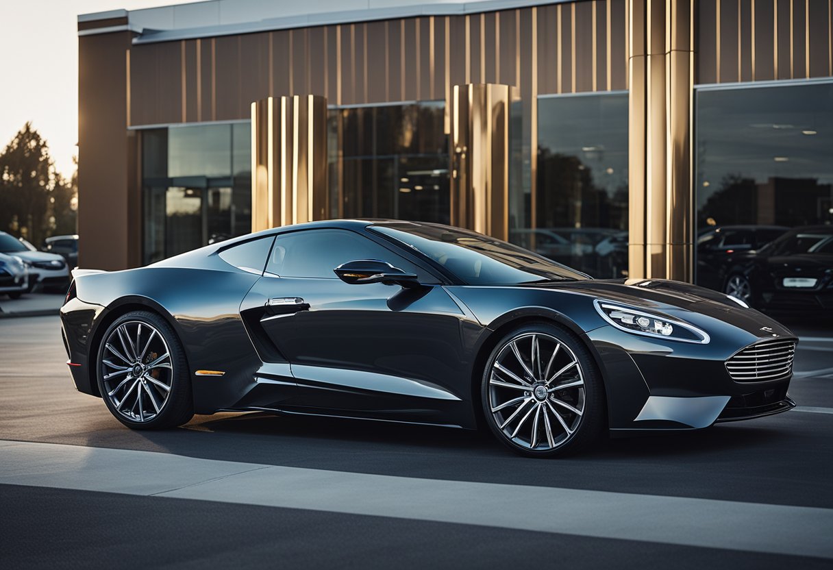 A sleek Ford vehicle parked in front of a modern dealership with a range of products and services on display