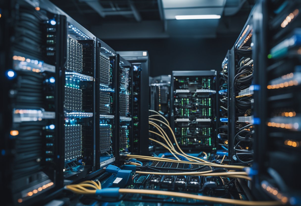 A computer server surrounded by data cables and electronic devices
