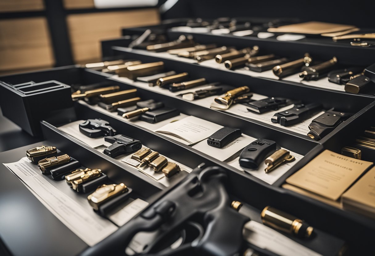 A secure vault containing various firearms, ammunition, and weapons, with legal documents and ownership records displayed nearby