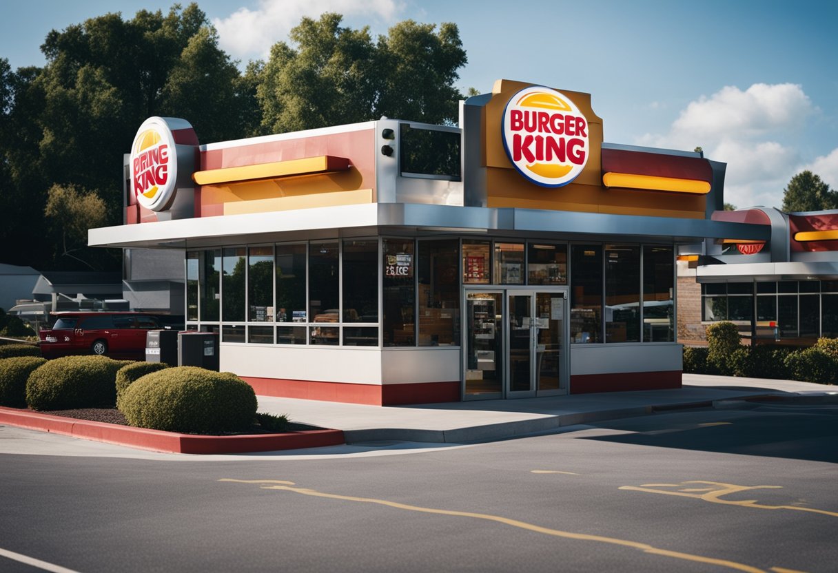 A Burger King restaurant with the iconic logo on the building, drive-thru, and sign