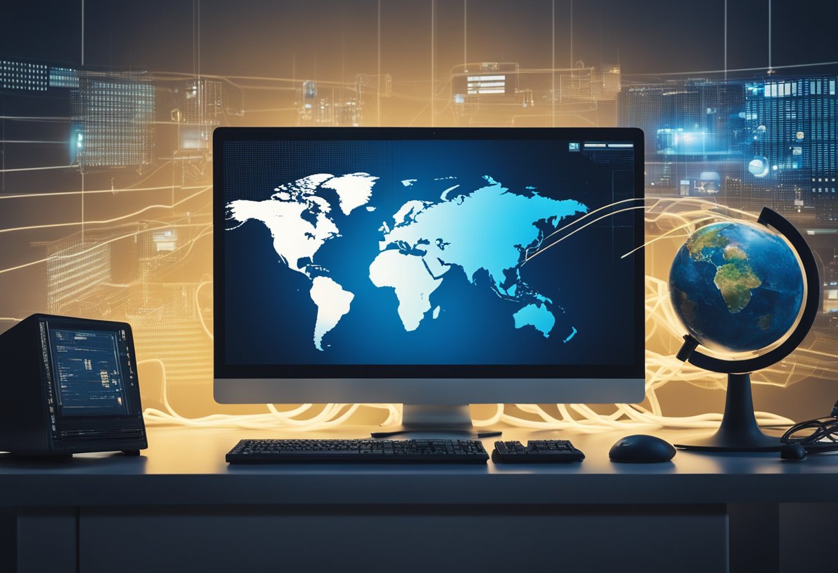 A computer with a globe on the screen, surrounded by various technological devices and cables