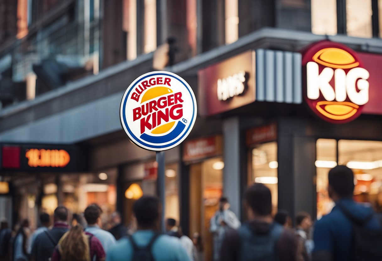 The Burger King logo towering over a bustling fast food street, with lines of customers and delivery drivers waiting outside
