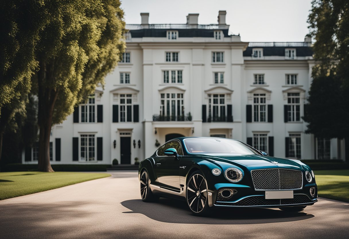 A luxurious Bentley parked in a pristine driveway, surrounded by tall, elegant trees and a grand, stately mansion in the background