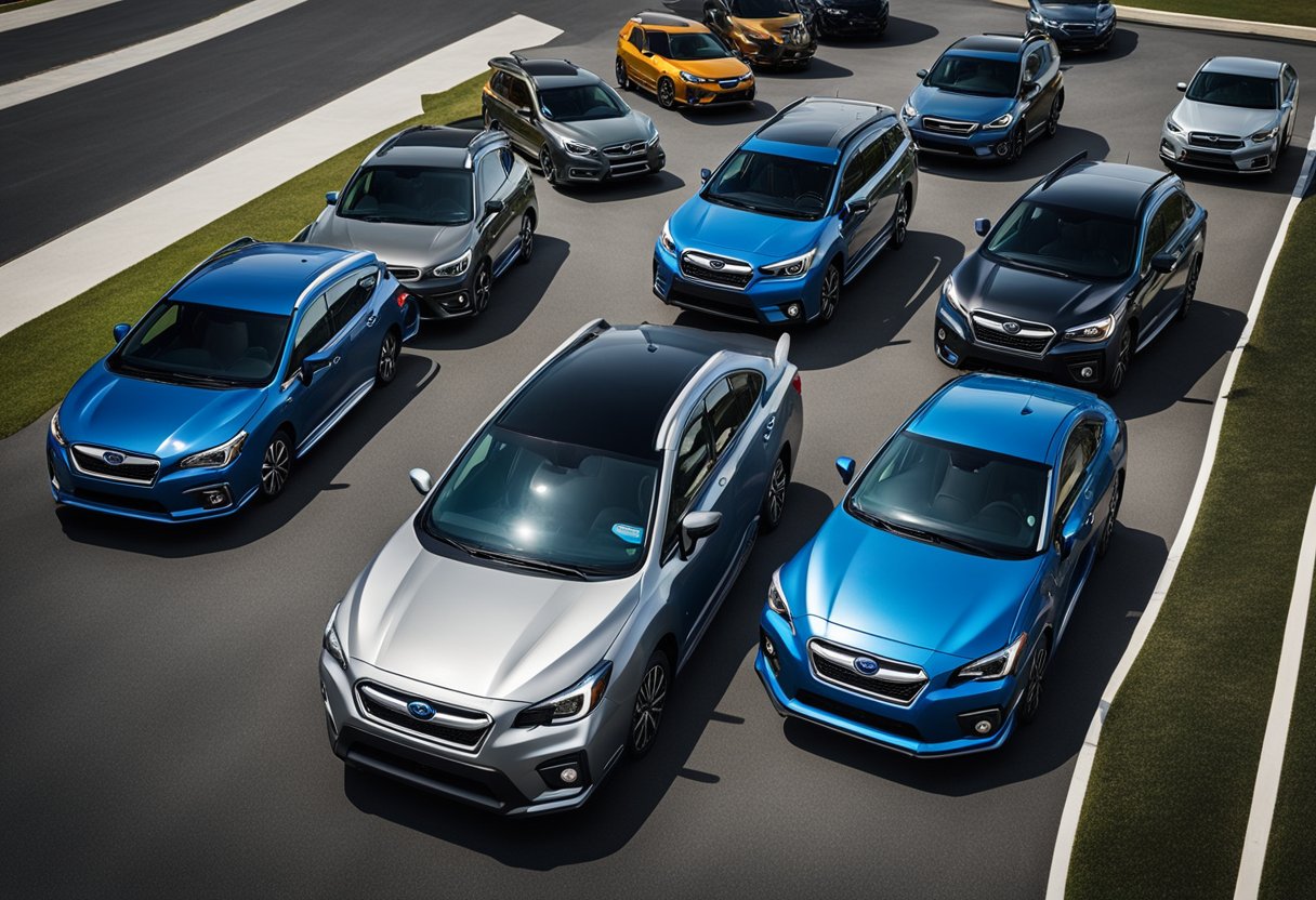 A lineup of various Subaru car models parked in a row, showcasing the brand's diverse range of vehicles