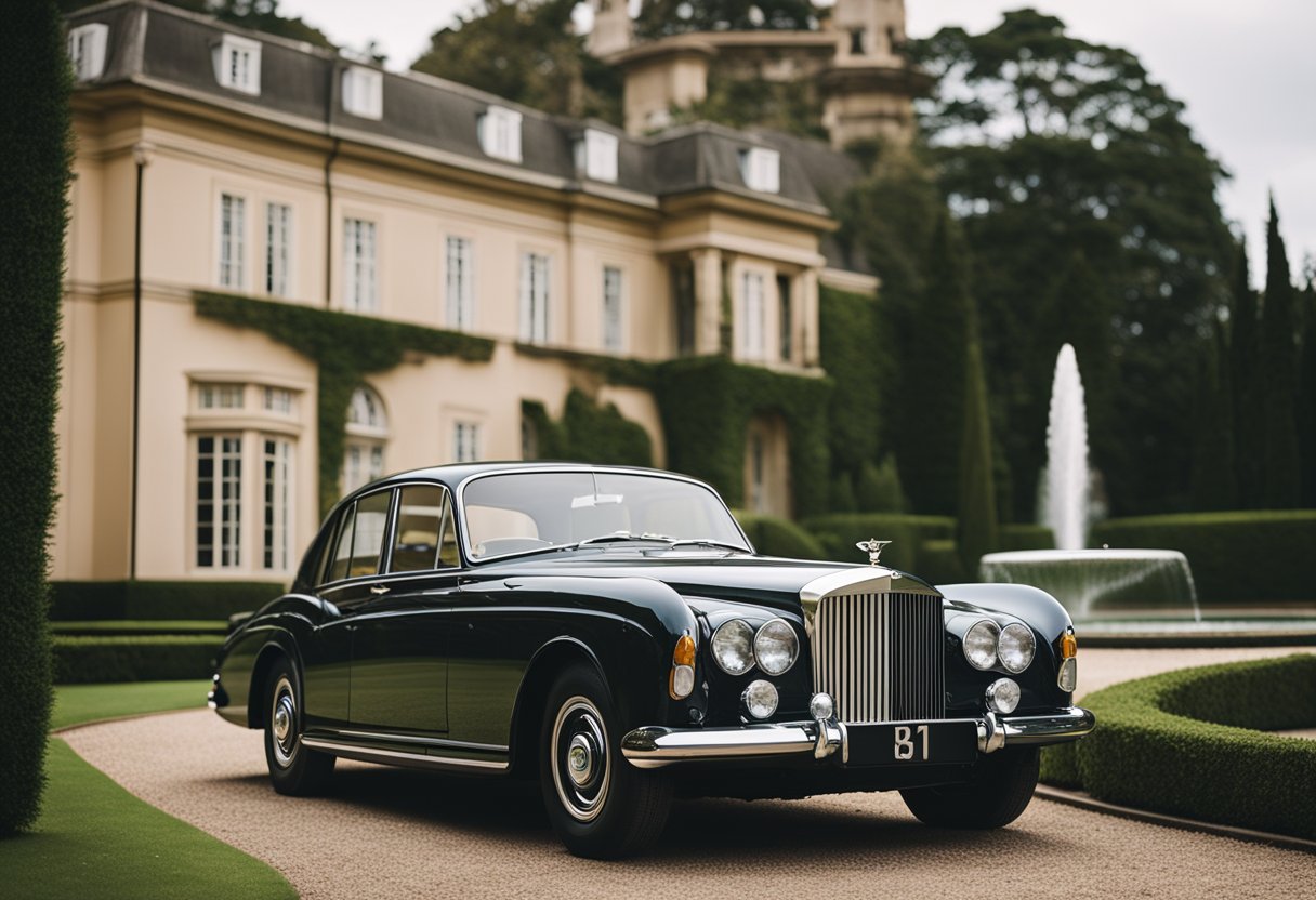 A vintage Bentley parked in front of a grand estate, surrounded by lush gardens and a fountain