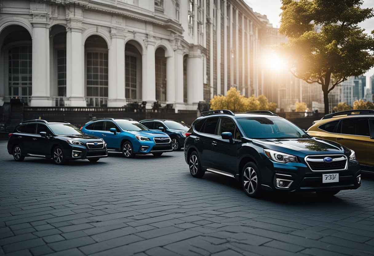 Subaru vehicles in various colors and models parked in front of international landmarks