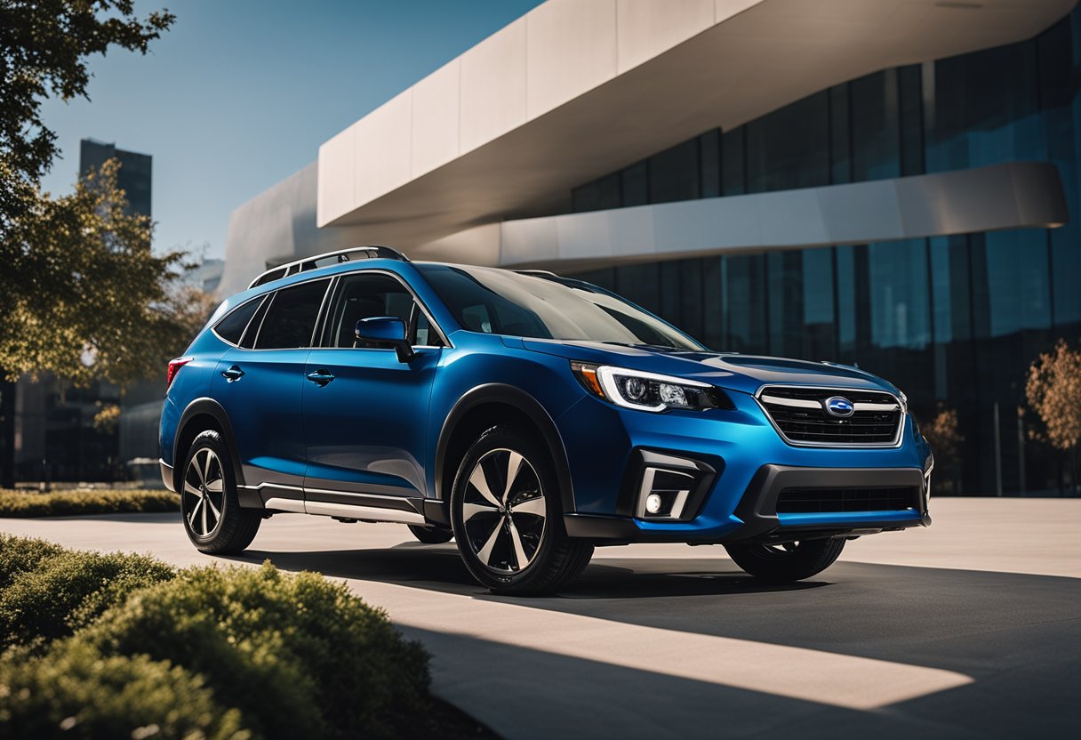 A sleek Subaru vehicle parked in front of a modern, futuristic building, surrounded by cutting-edge technology and innovation
