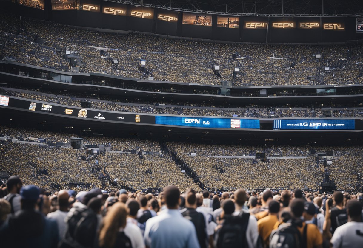 A crowded sports stadium with ESPN logos displayed on giant screens. Fans cheering and watching the game