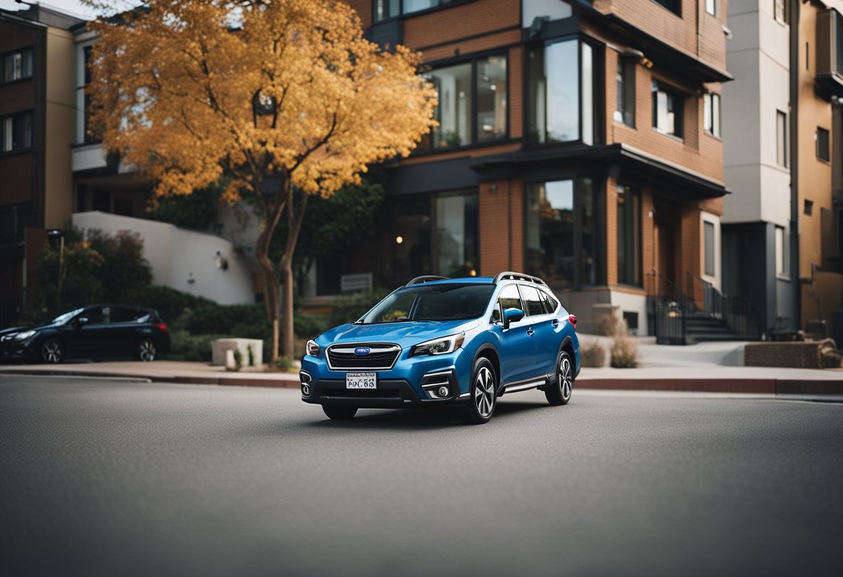 A Subaru car parked in front of a diverse neighborhood with various cultural symbols and landmarks in the background