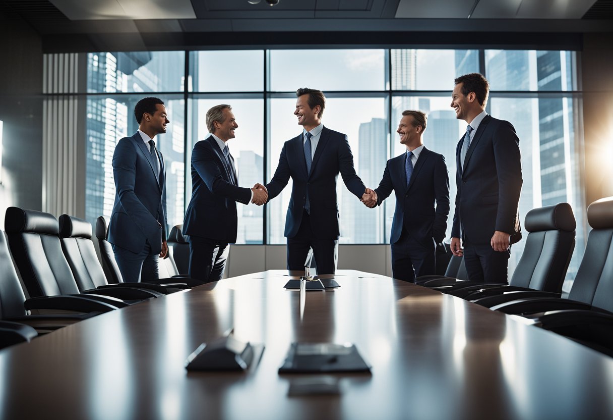 A group of executives shaking hands in a boardroom, with the ESPN logo displayed prominently on a large screen behind them