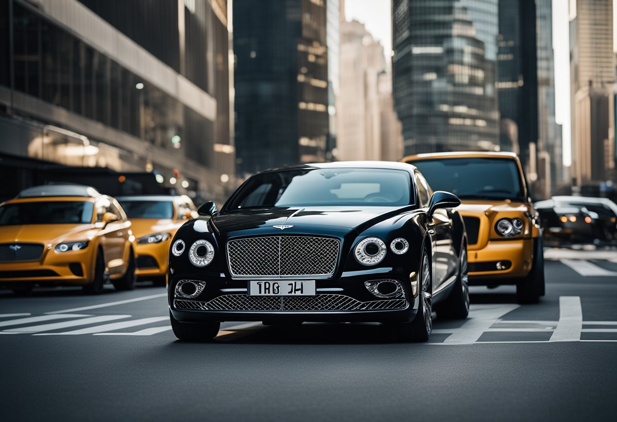 A sleek, black Bentley parked in a bustling city street, surrounded by modern skyscrapers and bustling traffic