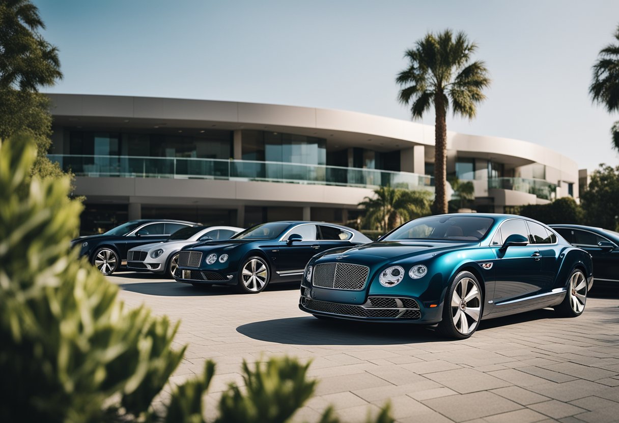 A group of Bentley cars parked in a community lot, surrounded by well-maintained landscaping and modern architecture