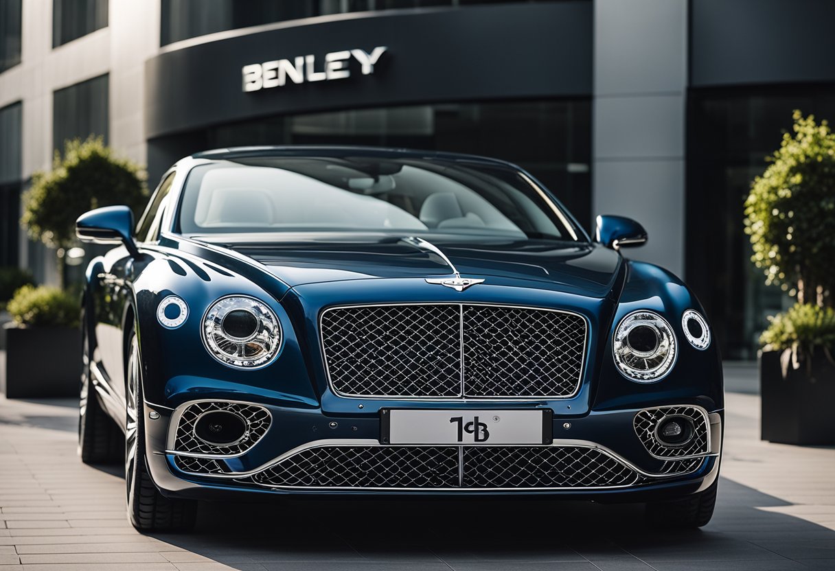 A luxury Bentley parked in front of a sleek, modern office building with the company's logo displayed prominently on the exterior
