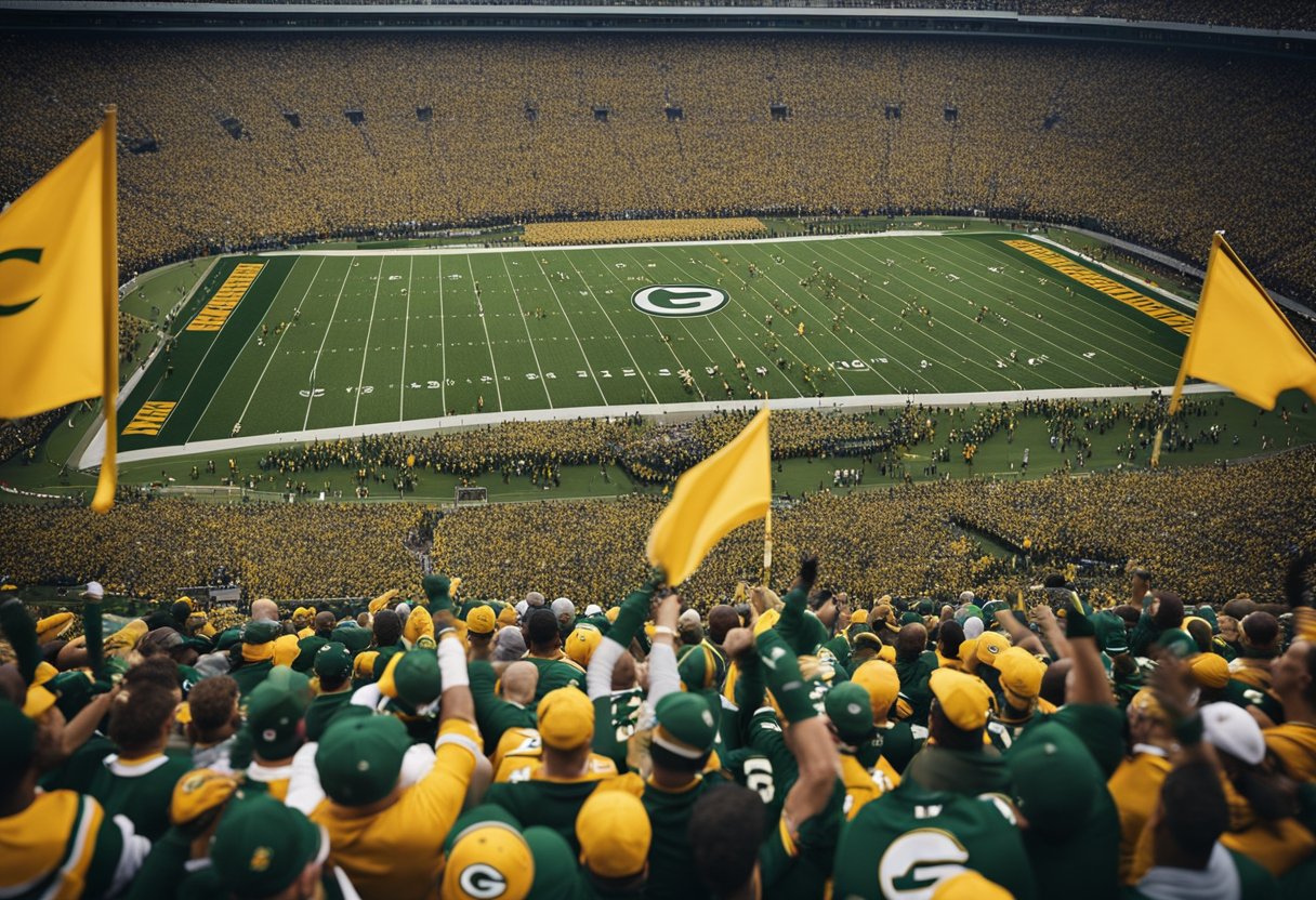 A crowd of cheering fans in green and gold jerseys fill the stadium, waving banners and flags with the Green Bay Packers logo