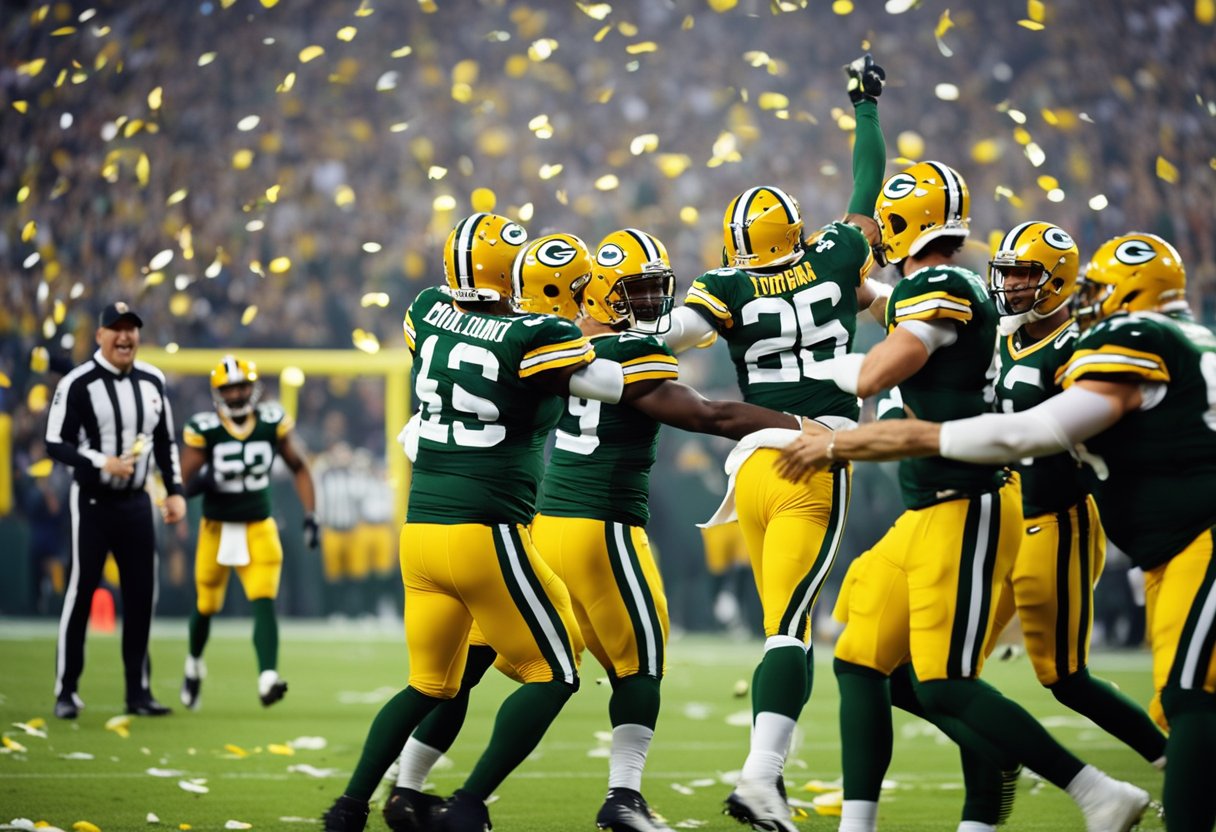 A triumphant Green Bay Packers team celebrating victory on the football field, surrounded by cheering fans and confetti