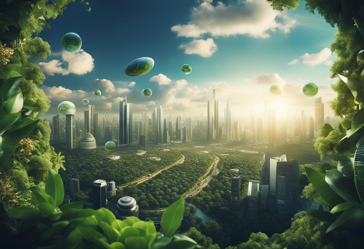 A lush, thriving planet Earth surrounded by advanced technology and sustainable infrastructure, symbolizing the collective stewardship of the planet's future