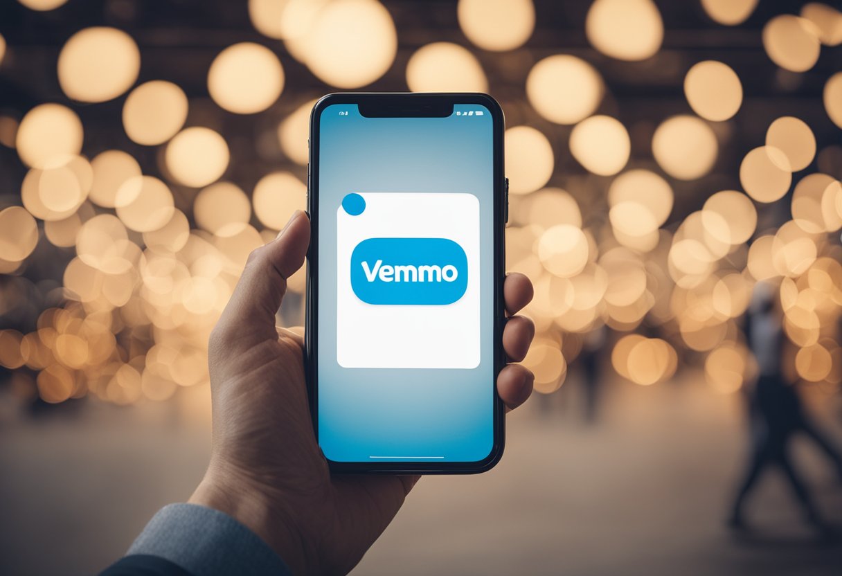 A smartphone displaying the Venmo app, with a stylized V logo visible on the screen