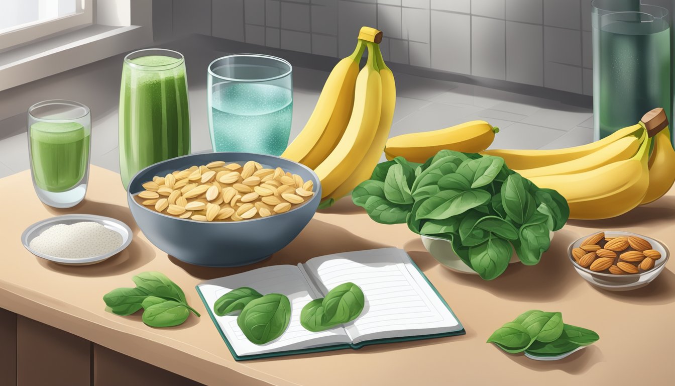 A kitchen counter with a variety of magnesium-rich foods such as spinach, almonds, and bananas, along with a meal planner and a glass of water