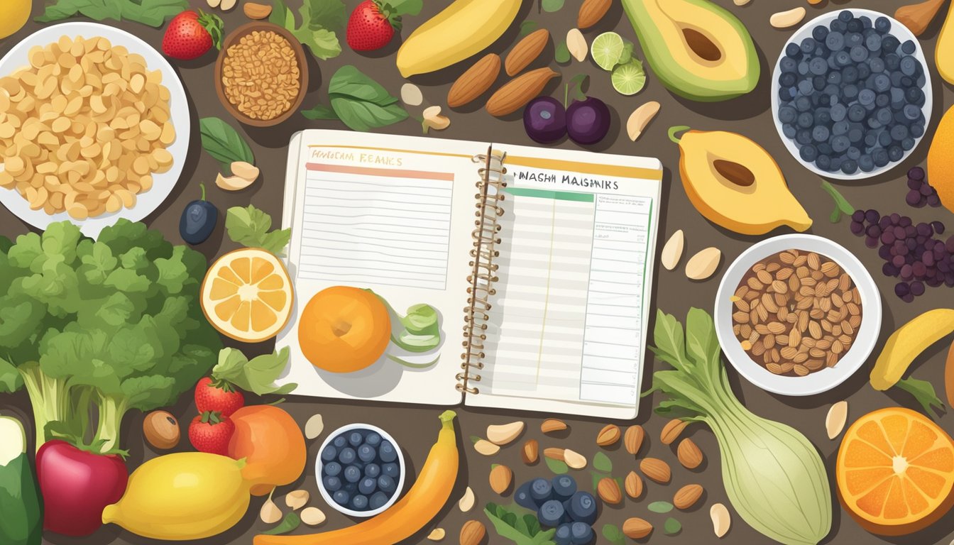 A kitchen counter with a variety of colorful fruits, vegetables, nuts, and seeds arranged neatly next to a meal planner and a list of magnesium-rich foods