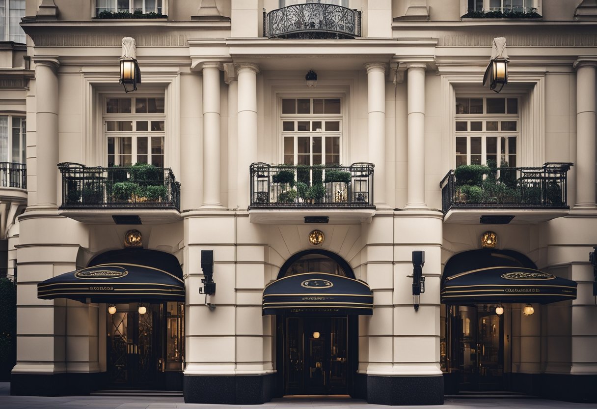 The grand facade of Claridges, with its iconic art deco architecture, stands proudly on a bustling London street