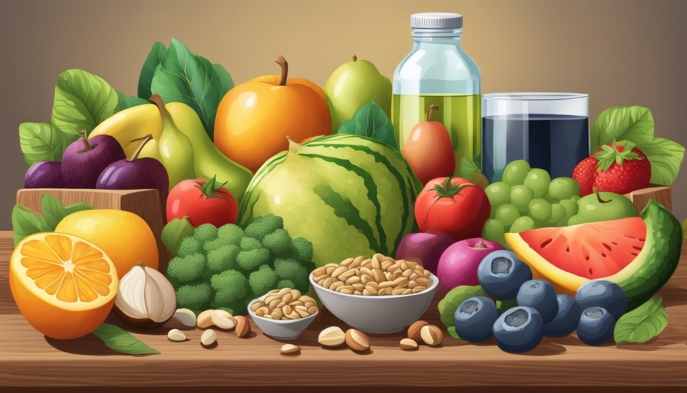 A colorful array of fruits, vegetables, nuts, and seeds on a wooden table, with a glass of water and a bottle of magnesium supplements nearby