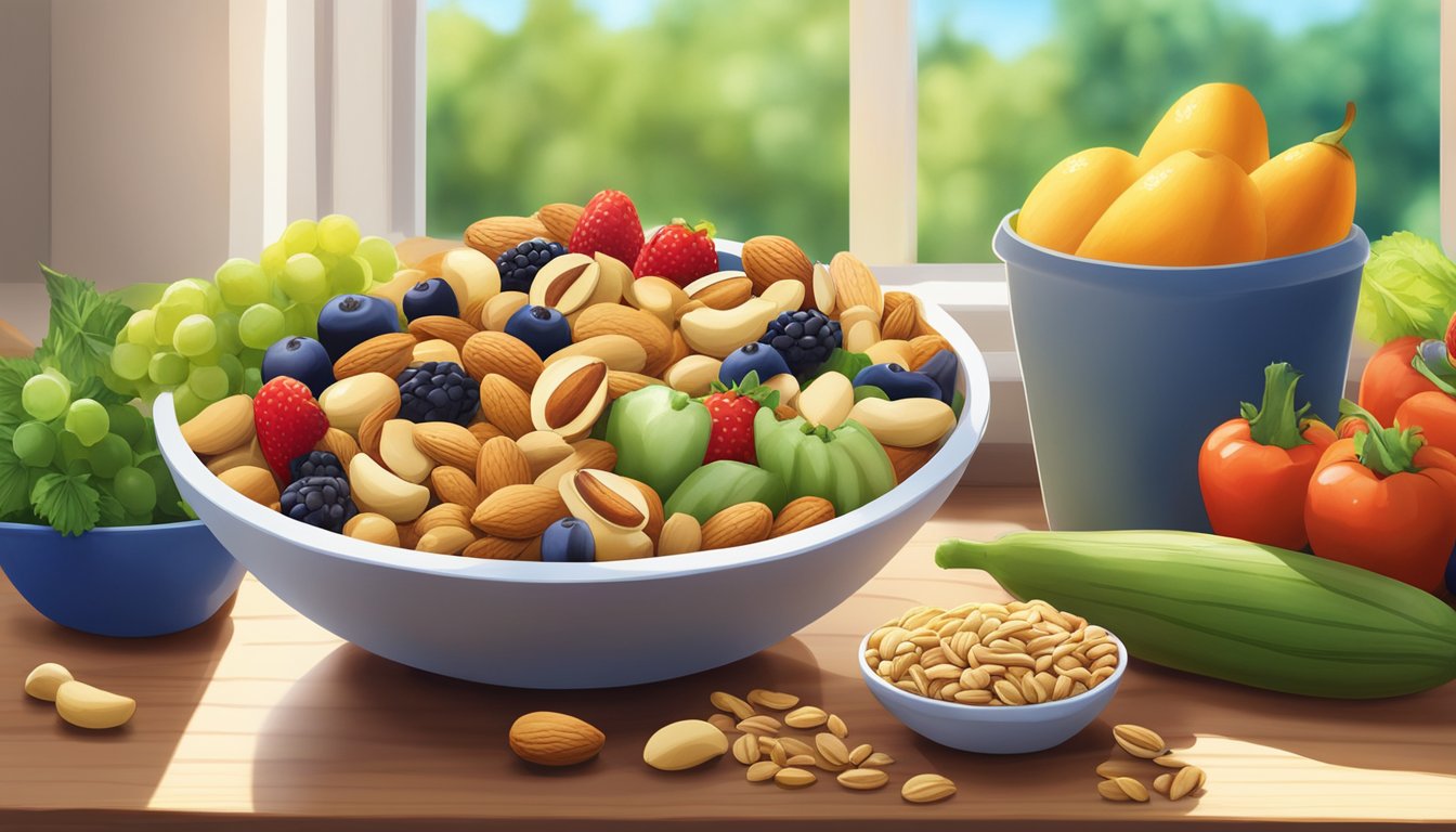 A bowl of mixed nuts and seeds, surrounded by fresh fruits and vegetables, sits on a wooden table. The sunlight streams through a nearby window, highlighting the natural and wholesome snacks