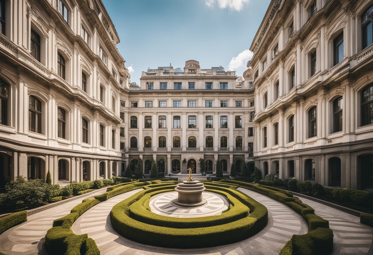 A grand building with multiple levels and a prominent entrance, surrounded by well-maintained landscaping and a clear sense of luxury and opulence