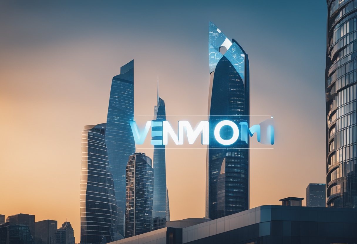 A futuristic city skyline with a prominent Venmo logo on a sleek, high-rise building. A network of digital transactions and symbols of financial growth and progress surround the structure