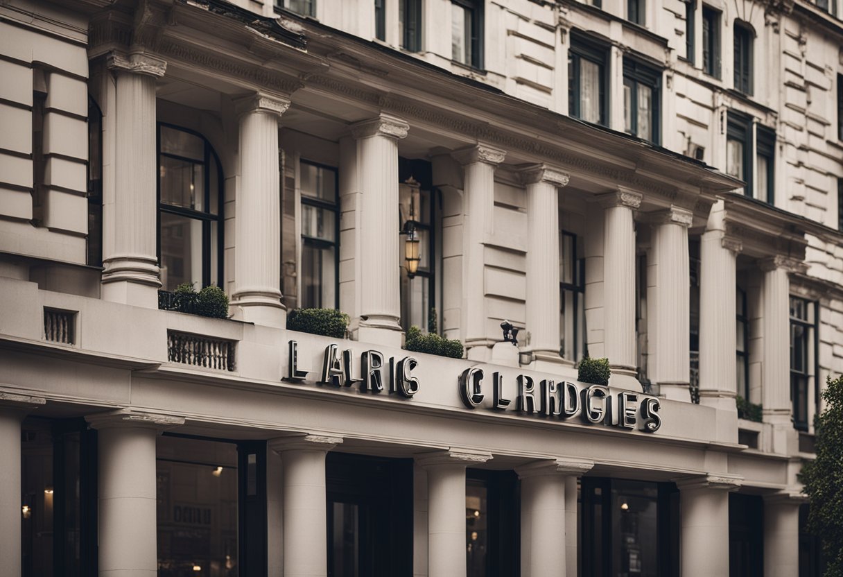 A grand, historic building with a prominent sign reading "Claridges" stands in the bustling city center