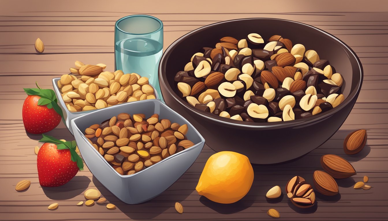 A bowl of mixed nuts, seeds, and dark chocolate sits on a wooden table, surrounded by fresh fruits and a glass of water