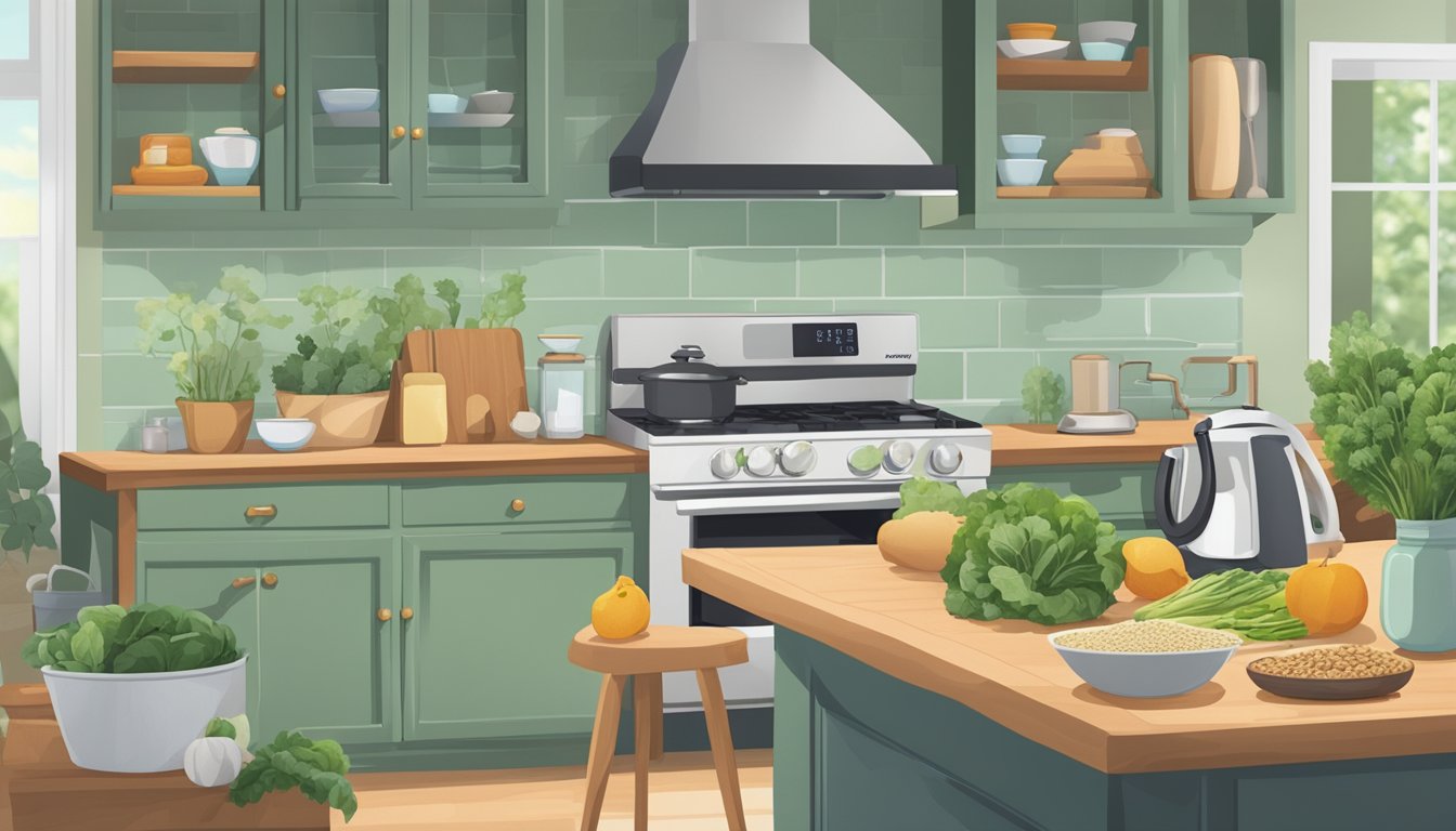 A serene kitchen setting with a variety of magnesium-rich foods such as leafy greens, nuts, and whole grains laid out on the counter. A clock on the wall shows the time for optimal sleep preparation