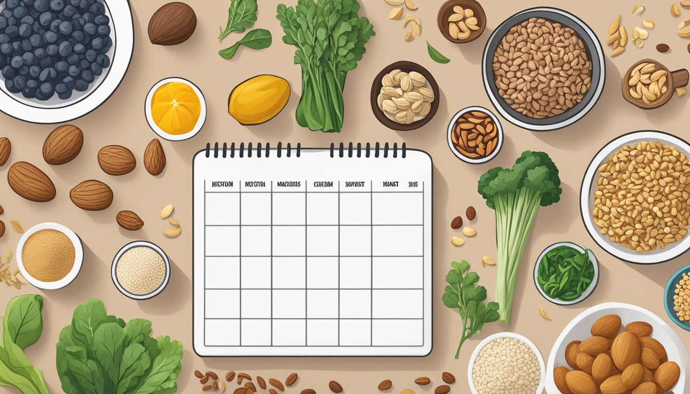 A kitchen counter with a variety of foods such as nuts, seeds, leafy greens, and whole grains. A meal plan calendar and a list of simple dietary swaps for increased magnesium intake are also visible