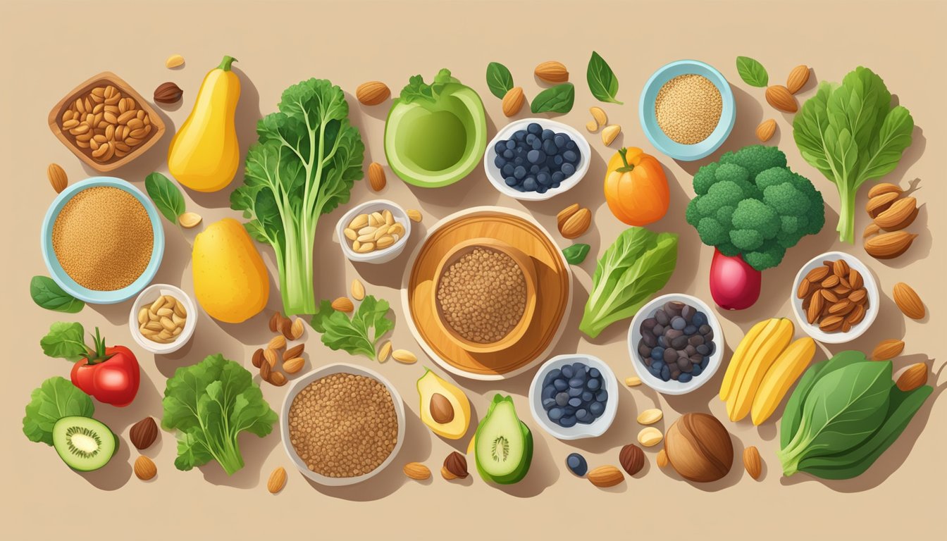 A table with a variety of magnesium-rich foods such as nuts, seeds, leafy greens, and whole grains, surrounded by colorful fruits and vegetables