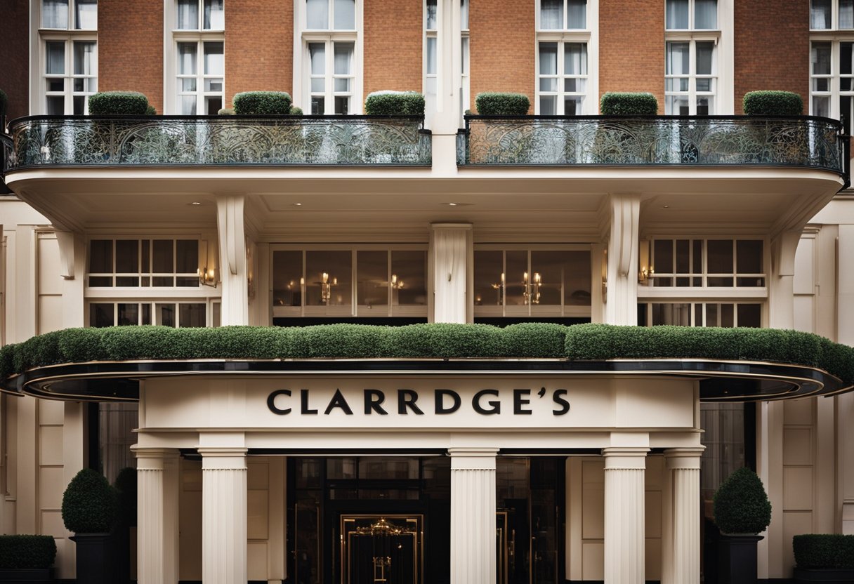 The iconic facade of Claridge's hotel stands out with its distinctive art deco features and luxurious services