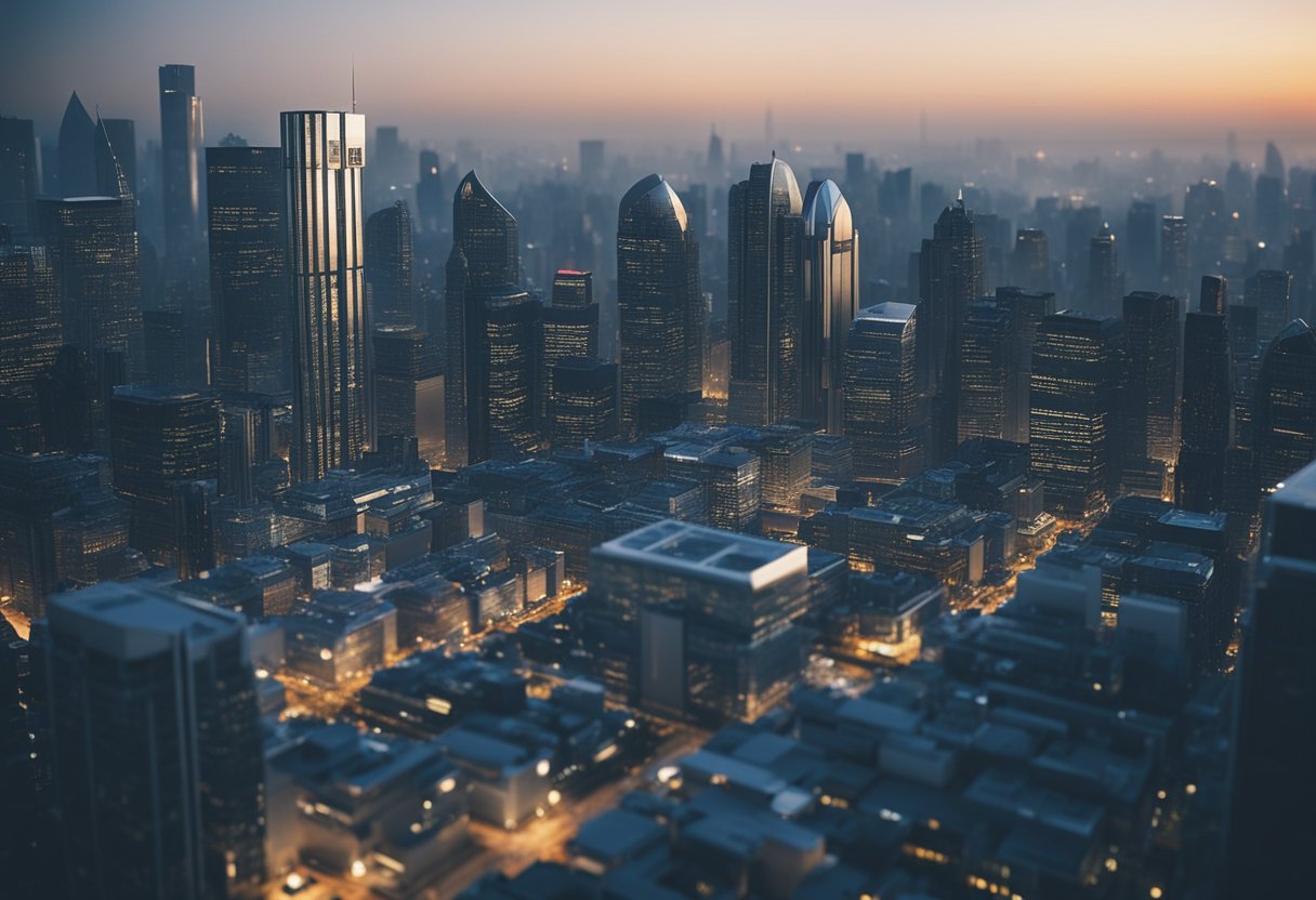 A futuristic city skyline with a prominent Death Row Records building, surrounded by speculation and intrigue