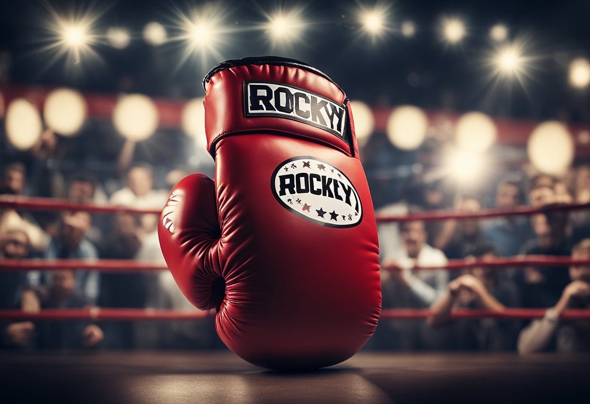 A boxing glove with the word "Rocky" on it, surrounded by a spotlight and a crowd of cheering fans