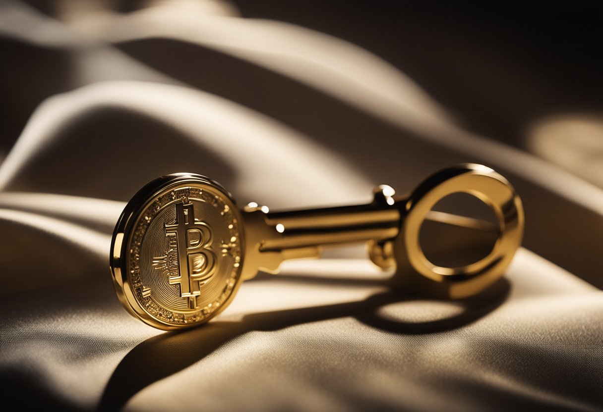 A spotlight shines on a golden key, resting on a velvet cushion, surrounded by towering figures in shadow