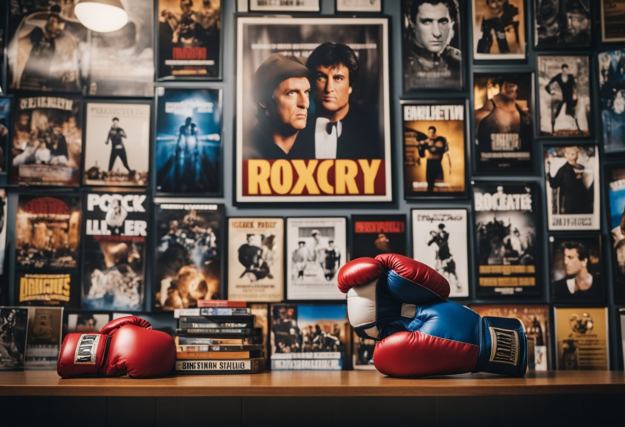 A boxing glove hangs on a wall, surrounded by movie posters featuring Sylvester Stallone as Rocky. The iconic character's image is prominently displayed